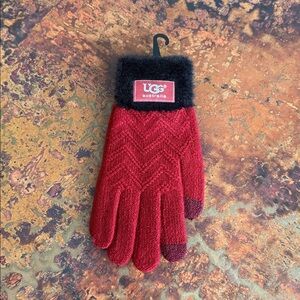UGG Australia Red Knit Tech Gloves with Black Faux Fur Wrists Accents One Size